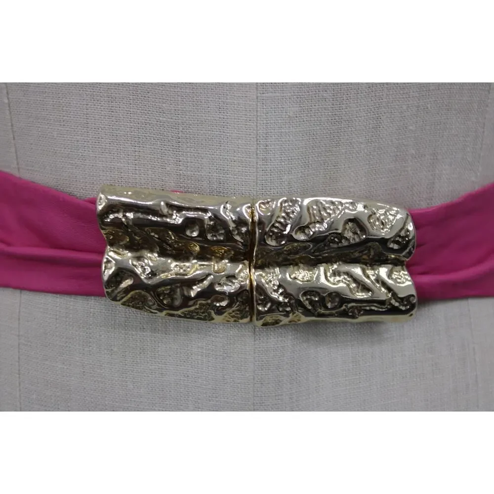 Vintage 80s BELT BUCKLE Pink Leather REVCOR RETRO Gold tone ABSTRACT DESIGN